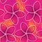 Vector seamless pattern with dotted flower of Plumeria or Frangipani on the pink background with orange dots.
