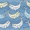 Vector seamless pattern with dotted humpback whale in pastel colors