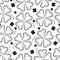 Vector seamless pattern with dotted lucky four leaf clover or shamrock in black on the white background. Holiday background.