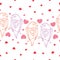 Vector seamless pattern with dotted parrots couple and hearts on the white. Design elements and holiday symbols in dotwork style.