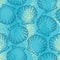 Vector seamless pattern with dotted Sea shell or Scallop on the blue background. Maritime. Marine and aquatic theme.