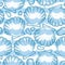 Vector seamless pattern with dotted Sea shell or Scallop in blue, pebbles and waves. Marine and aquatic theme.