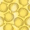 Vector seamless pattern with dotted Sea shell or Scallop in brown on the orange background. Marine theme.