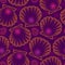 Vector seamless pattern with dotted Sea shell or Scallop in orange on the violet background with swirls. Marine theme.