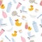 Vector seamless pattern with ducks and beauty products.