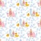 Vector seamless pattern with ducks and bubbles.