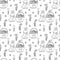 Vector seamless pattern with Easter bunnies, flowers and  baskets full of eggs doodle