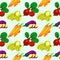 Vector seamless pattern with elements of vegetables: eggplant, beets, carrots and mushrooms.