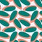 Vector seamless pattern. Emerald Green and terra cotta orange bright oval geometric shapes on pastel striped pale pink background