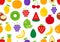 Vector seamless pattern, endless texture with fruits. Set of isolated flat color icons. Healthy food and vitamins