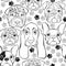 Vector seamless pattern with faces dogs and traces. Monochrome b