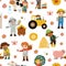Vector seamless pattern with farmers. Repeat background with cute kids doing agricultural work. Rural country scenes digital paper