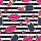 Vector seamless pattern with fashion patch badges with lips, lipsticks, hearts and stripes.