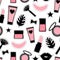 Vector Seamless pattern fashion style. Set sign sticker beauty makeup for cute girls. Abstract cosmetic bottles hand drawing.