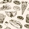 Vector seamless pattern fast food. Hamburger, donut, ice cream, hot dog, french fries, pizza.