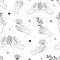 Vector seamless pattern of female hand icons in minimal linear style. Backgrounds with hand gestures, lotus, plants