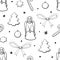 Vector seamless pattern of festive symbols - figures of Christmas trees, singing angels, candy canes, stars, xmas balls