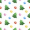 Vector seamless pattern of festive symbols: figures of Christmas trees and xmas balls. Bright holiday texture