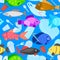 Vector seamless pattern with fish swims among the garbage. Stop plastic ocean pollution. Marine life under threat