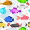 Vector seamless pattern with fish swims among the garbage. Stop plastic ocean pollution. Marine life under threat