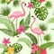 Vector seamless pattern with flamingo, tropical flowers and palm tree. Summer hawaiian background