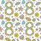 Vector seamless pattern of flat lily of the valley flowers, leaves and a figure eight in Scandinavian style hand drawn on a white