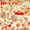 Vector seamless pattern with flower,cat, snail and umbrella, car