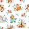 Vector seamless pattern with flowers, cute boho baby animals and parents. Funny woodland animal repeating background. Mothers Day