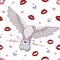 Vector seamless pattern flying dove. The dove carries a letter of love. Lips, kisses, declaration of love.