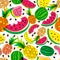 Vector seamless pattern with fresh red and yellow watermelon and pineapples on white background.