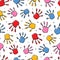 Vector seamless pattern. Fun handprint. Joyful hand print. Funny background. Handprint baby. Cute child backdrop. Nice track hand