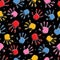 Vector seamless pattern. Fun handprint. Joyful hand print. Funny background. Handprint baby. Cute child backdrop. Nice track hand