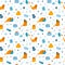 Vector seamless pattern with funny birthday cats on white background. Colorful wallpaper with cats, birthday cake and