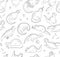 Vector seamless pattern of funny black and white dinosaurs in different poses.