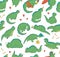 Vector seamless pattern of funny colored dinosaurs in different poses.