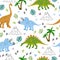 Vector seamless pattern with funny dinosaurs, palms, volcanoes.