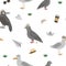 Vector seamless pattern with funny seagull, raven, pigeon with poo. Sea or city birds in hats background. Flat cute animal