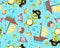 Vector of seamless pattern with funny turtle in pirate costume, marine animals, sailboat and pirate elements