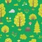 Vector seamless pattern with garden or forest trees, plants, shrubs, bushes, flowers. Flat spring woodland or farm green repeating