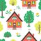 Vector seamless pattern with garden or trees, plants, flowers and country house. Flat spring farm repeating background with