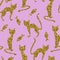 Vector seamless pattern. Gold cats and small fishes isolated on pink