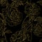 Vector seamless pattern. Golden outline rose flowers on black background.