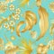 Vector seamless pattern with golden tropical leaves on tiffany blue background