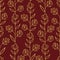 Vector seamless pattern with golden vertical flower twigs on dark red background.