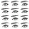 Vector seamless pattern of gray female eye with eyelashes and eyebrow. Natural set