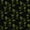 Vector seamless pattern with green foliate twigs on black background.