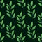 Vector seamless pattern with green foliate twigs on dark green background.