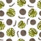 Vector seamless pattern with green leaves of monstera and coconuts on a white background. For design packaging, textile,