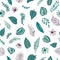 Vector seamless pattern with green and purple tropical leaves on white background. Summer repeat exotic backdrop