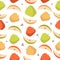 Vector seamless pattern of green, red and orange apples and apple slices on a white background. For design packaging, textile,